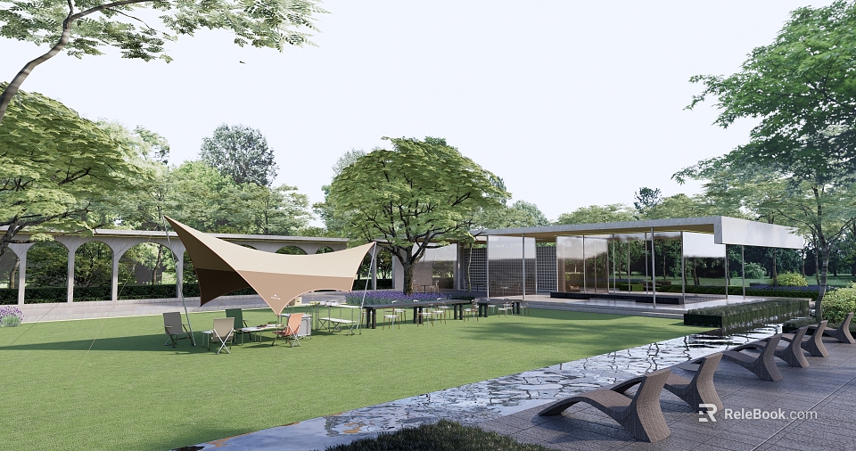 Modern Outdoor Pergola with Green Lawn Trees and Relaxation Seating Area 3d model 