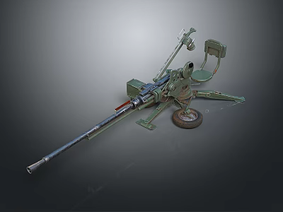 Vintage Green Military Machine Gun With Metal Mount Stand And Wheels Structure 3d model