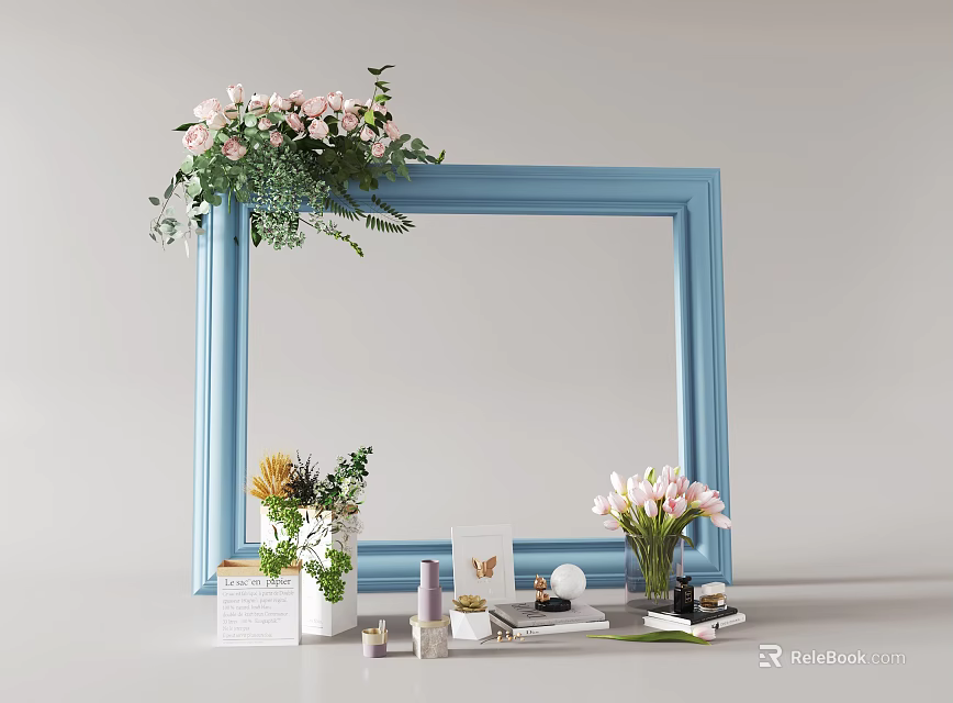 Blue Frame Decorative Ornament Set With Pink Flowers Green Plants And Small Accessories 3d model 