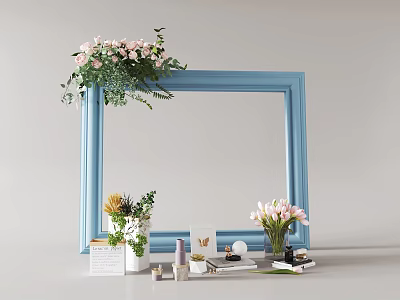 Blue Frame Decorative Ornament Set With Pink Flowers Green Plants And Small Accessories 3d model