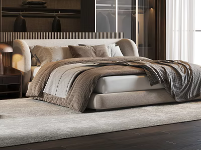 Elegant Modern Double Bed With Upholstered Headboard And Light Colored Rug 3d model