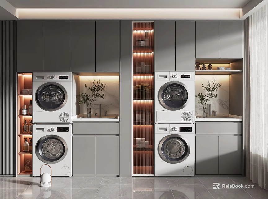Modern Bathroom Cabinet Rack With Washing Machines And Storage Cabinets Lighting Design 3d model 
