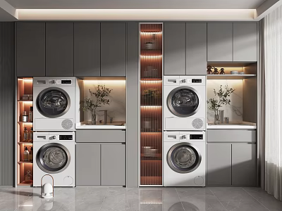Modern Bathroom Cabinet Rack With Washing Machines And Storage Cabinets Lighting Design 3d model