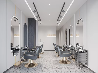 Modern Hair Salon Interior With Barber Chairs Mirrors And Styling Workstations 3d model