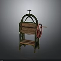 Vintage Manual Roller Machine With Green Metal Frame Red Wheel And Wooden Roller