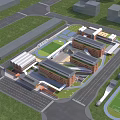 Aerial View Of Modern School Building With Sports Field And Green Lawns