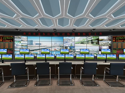 Modern Control Room Interior Design With Multiple Monitoring Screens And Control Desks 3d model