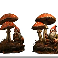 Cute Decorative Ornament Set With Red Spotted Mushrooms And Bearded Gnomes On Grassy Base