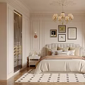 Elegant Modern Bedroom Interior With Bedside Tables Chandelier Framed Artworks And Patterned Rug