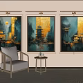 Three Landscape Paintings With Pagodas Mountain Scenery Hanging On Wall Golden Sunset Backdrop