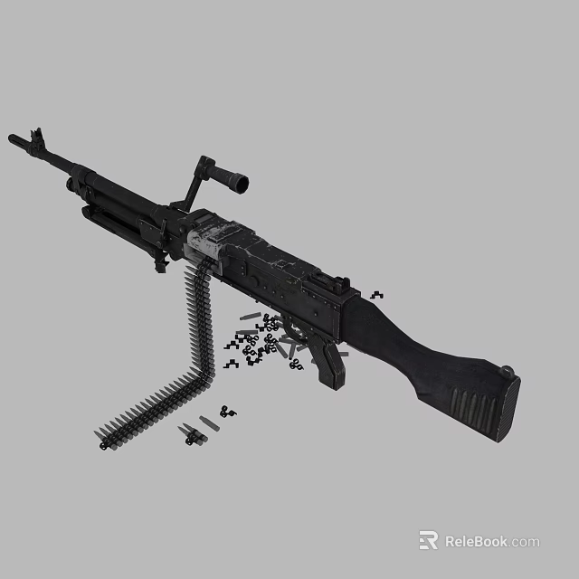 Detailed View Of Disassembled Machine Gun With Scattered Parts And Ammunition Belt 3d model 