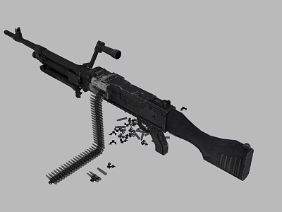 Detailed View Of Disassembled Machine Gun With Scattered Parts And Ammunition Belt 3d model