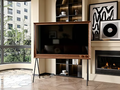 Wooden Frame TV with Black Legs in Modern Living Room Window View and Fireplace Decor 3d model