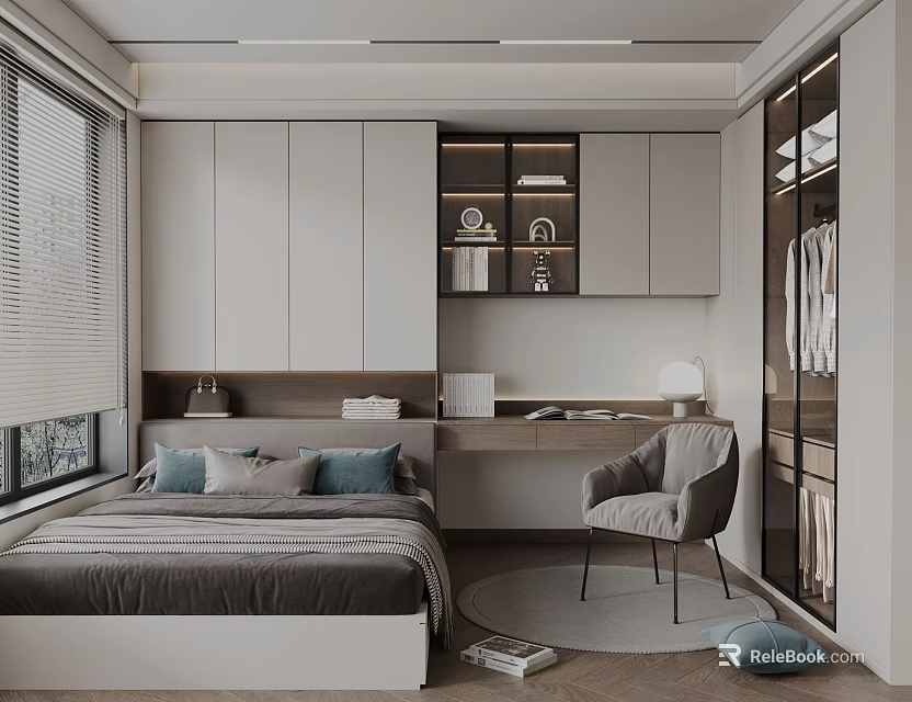 Modern Tatami Bedroom Interior Design With Bed Cabinet Desk Chair And Window Blinds 3d model 