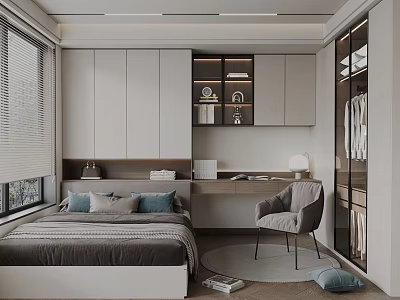 Modern Tatami Bedroom Interior Design With Bed Cabinet Desk Chair And Window Blinds 3d model
