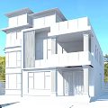 Modern Detached Villa Exterior With Large Glass Windows Balcony Pillars And Golden Door