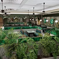 Modern Hotpot Restaurant Interior With Green Plants And Wicker Screens