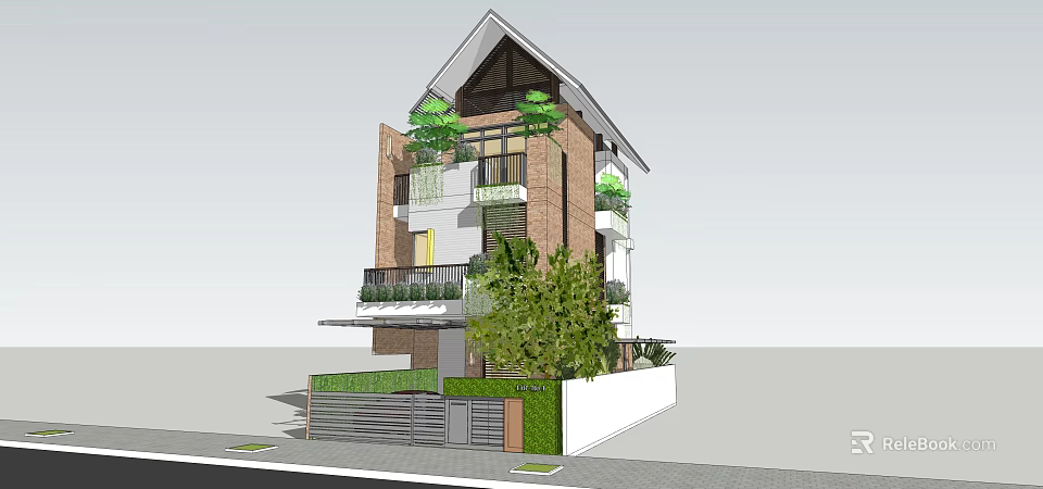 Modern Detached Villa Exterior With Red Brick Walls Balconies Green Plants And Surrounding Trees 3d model 