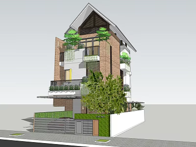 Modern Detached Villa Exterior With Red Brick Walls Balconies Green Plants And Surrounding Trees 3d model
