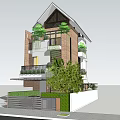 Modern Detached Villa Exterior With Red Brick Walls Balconies Green Plants And Surrounding Trees