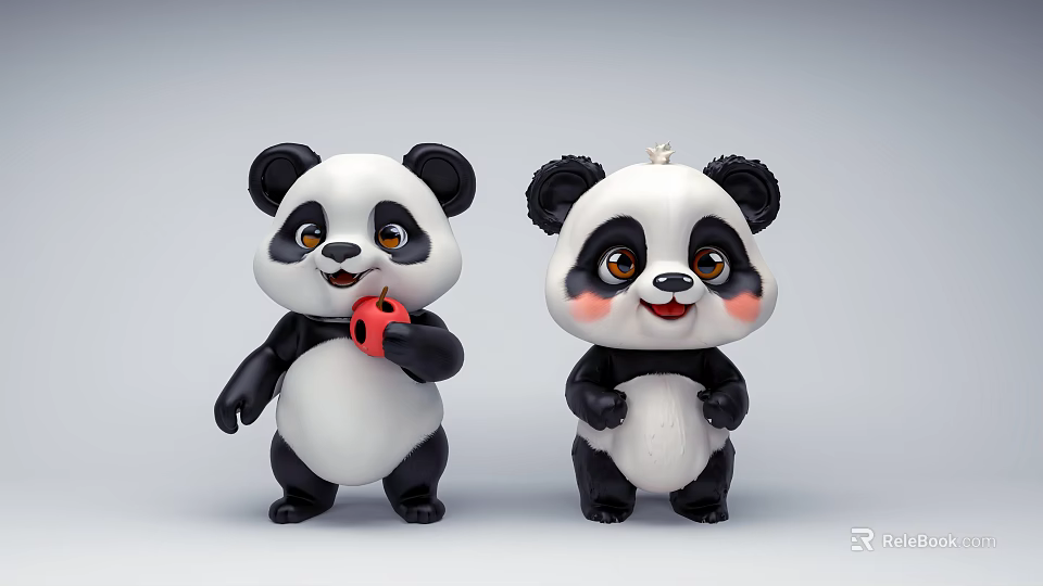 Cute Panda Plush Toys With Red Apple And Friendly Expressions On White Background 3d model 