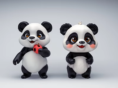 Cute Panda Plush Toys With Red Apple And Friendly Expressions On White Background 3d model