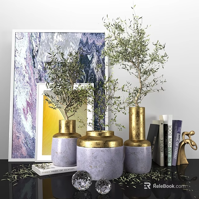 Elegant Decorative Ornament Set With Gold Purple Vases Olive Plants Artworks And Books 3d model 