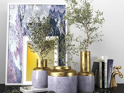 Elegant Decorative Ornament Set With Gold Purple Vases Olive Plants Artworks And Books 3d model