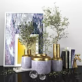 Elegant Decorative Ornament Set With Gold Purple Vases Olive Plants Artworks And Books