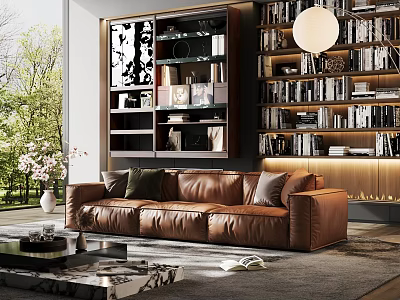 Modern Living Room Interior with Brown Leather Sofa and Open Bookshelves and Green Plants Decor 3d model