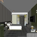 Modern Hotel Room Interior With White Bed Green Cabinet TV Nightstand Lamp And Plaid Carpet