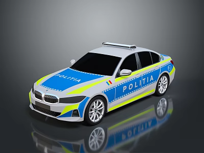 Modern White And Blue Police Sedan With Yellow Stripes And Roof Emergency Lights 3d model