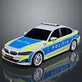 Modern White And Blue Police Sedan With Yellow Stripes And Roof Emergency Lights