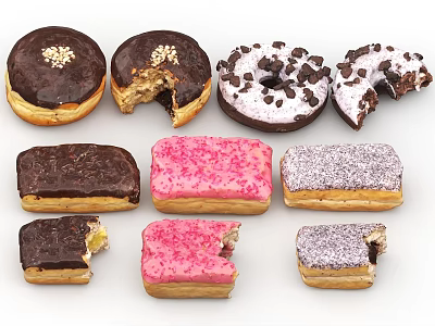 Assorted Donuts with Chocolate Frosting Pink Sprinkles White Icing Chocolate Chips and Bitten Pieces 3d model