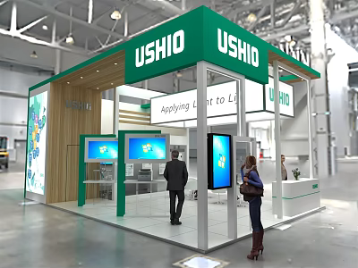 USHIO Exhibition Booth With Green Canopy Wooden Structure And Display Screens 3d model