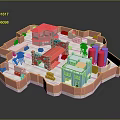 Cartoon Scene With Colorful Buildings Brick Wall Fence Green Red Roofs And Small Houses