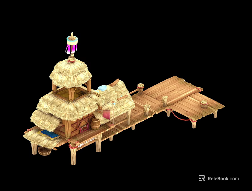 Traditional Stilted Thatched House Featuring Wooden Platform Walkway and Lantern Decor 3d model 