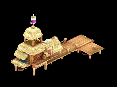 Traditional Stilted Thatched House Featuring Wooden Platform Walkway and Lantern Decor 3d model