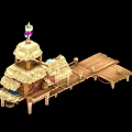 Traditional Stilted Thatched House Featuring Wooden Platform Walkway and Lantern Decor