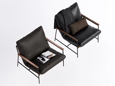 Modern Black Leather Accent Chairs With Wooden Arms Brown Cushion Gray Throw Blanket And Magazine 3d model