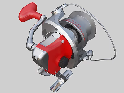 Red And Silver Metal Fishing Reel With Ergonomic Handle And Spool Design 3d model