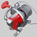 Red And Silver Metal Fishing Reel With Ergonomic Handle And Spool Design
