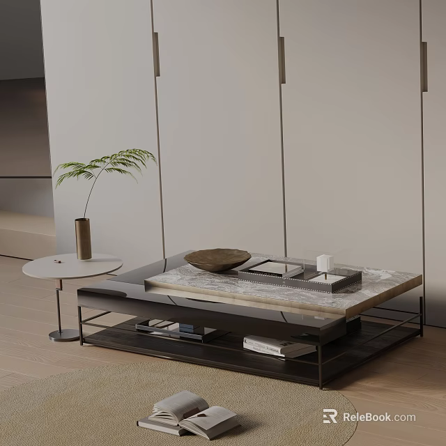 Modern Sofa Coffee Table Set with Marble Top Metal Frame Side Table Potted Plant 3d model