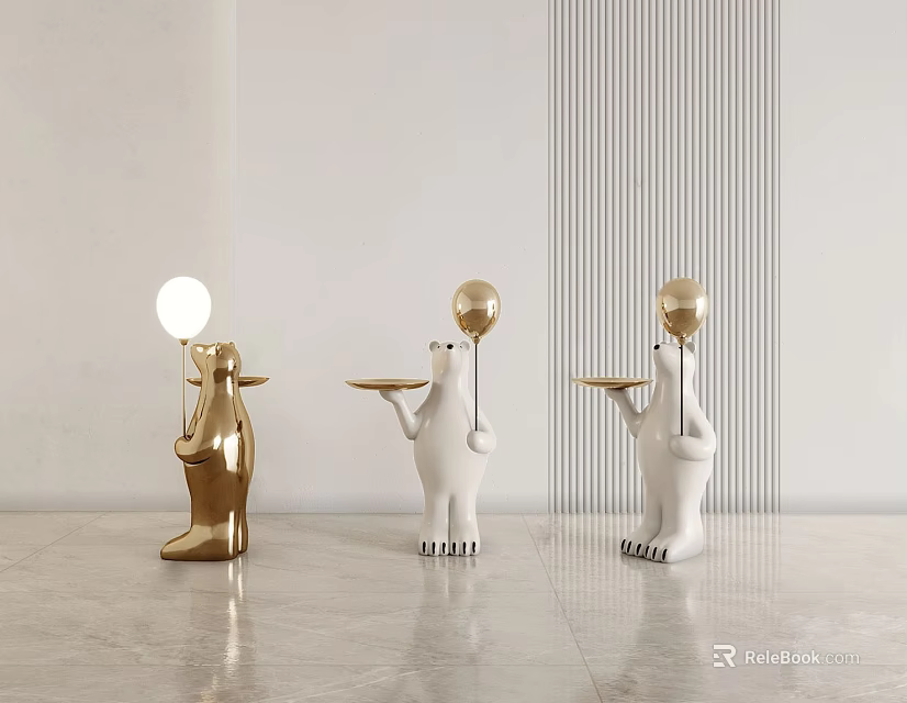 Golden And White Bear Sculptures Holding Tray With Balloon In Modern Interior 3d model 