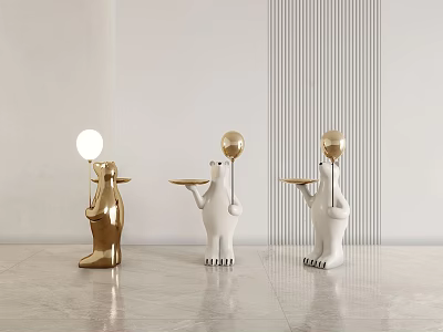 Golden And White Bear Sculptures Holding Tray With Balloon In Modern Interior 3d model