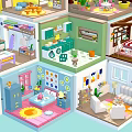 Colorful Cartoon Room Scenes With Miniature Furniture And Decorative Interior Designs
