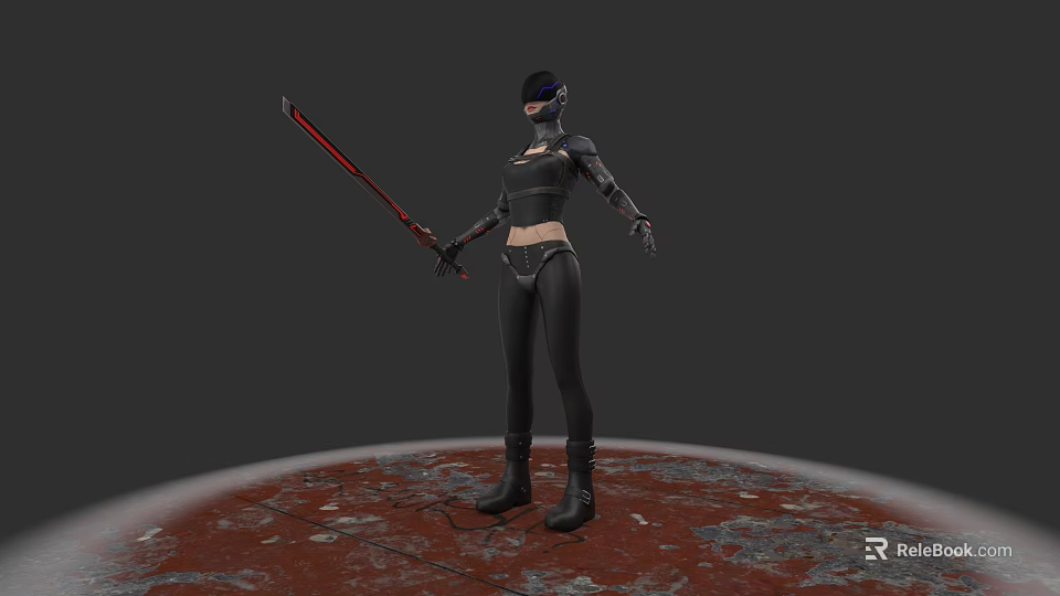 Game Movie Character In Black Tactical Outfit With Mask And Red Longsword On Red Ground 3d model 