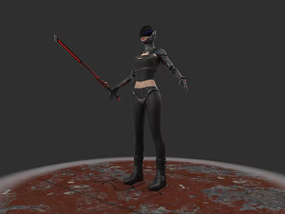 Game Movie Character In Black Tactical Outfit With Mask And Red Longsword On Red Ground 3d model