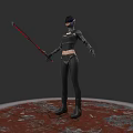 Game Movie Character In Black Tactical Outfit With Mask And Red Longsword On Red Ground