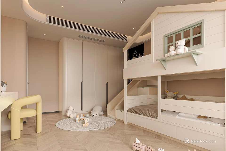 Cozy Modern Kids Room With Bunk Bed Slide And Stuffed Toys 3d model 